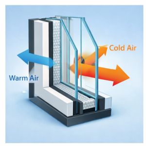 diagram showing the insulation benefits of a double glazed window with two panes and insulating air gap