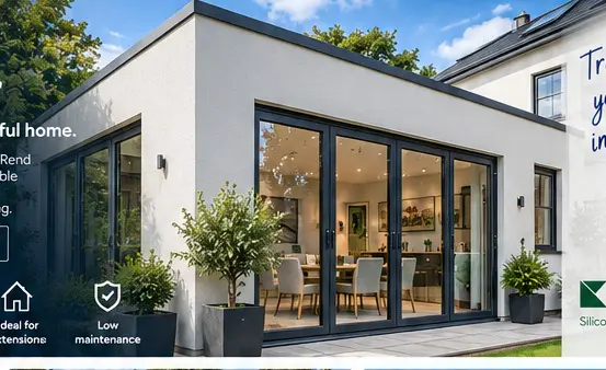Illustrative modern rendered extension with dark framed glazing