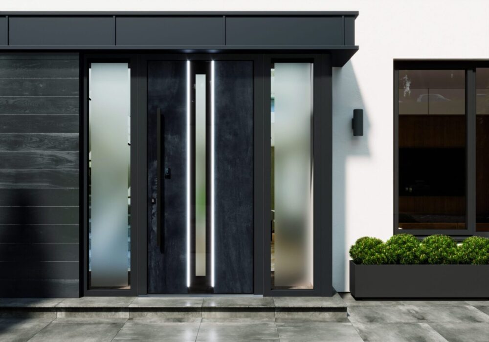 Dark contemporary entrance door with a long vertical handle and glazed sidelights